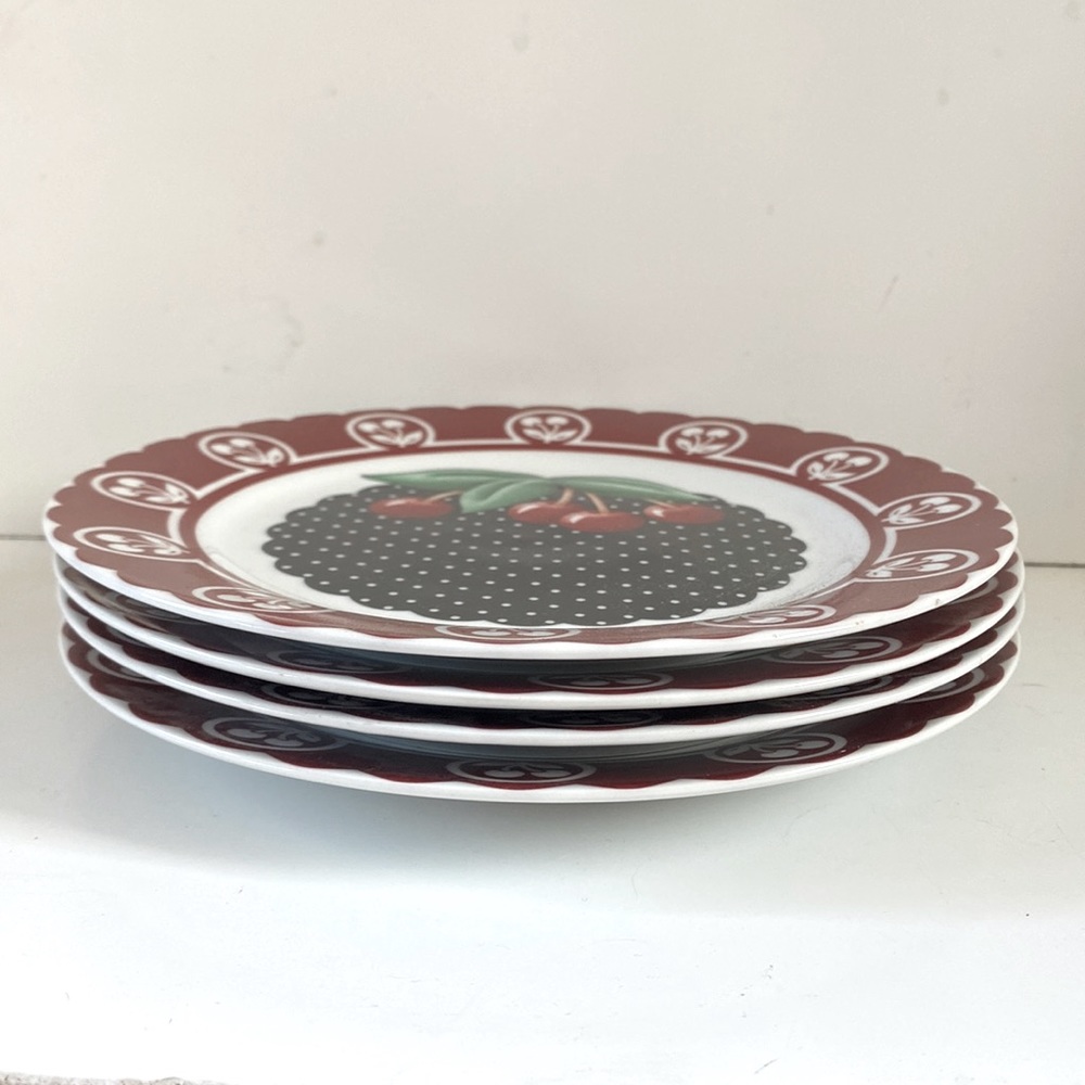 Four Mary Engelbreit Polka Dot And Cherry 8” Plates - Picture 3 of 11